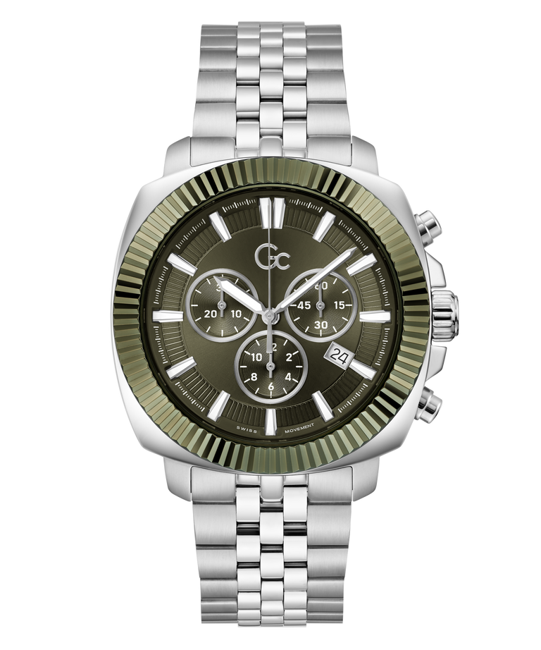 A luxury chronograph watch with a silver stainless steel link bracelet, a dark olive green dial, and a matching olive green bezel with a ridged outer edge.
