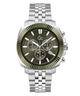 A luxury chronograph watch with a silver stainless steel link bracelet, a dark olive green dial, and a matching olive green bezel with a ridged outer edge.