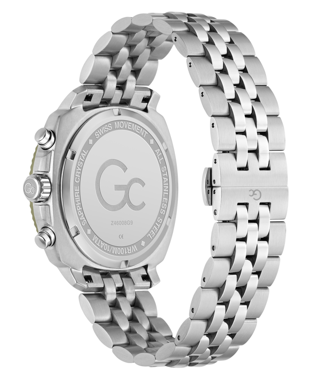 Silver watch with a detailed face and chain-like band on a white background