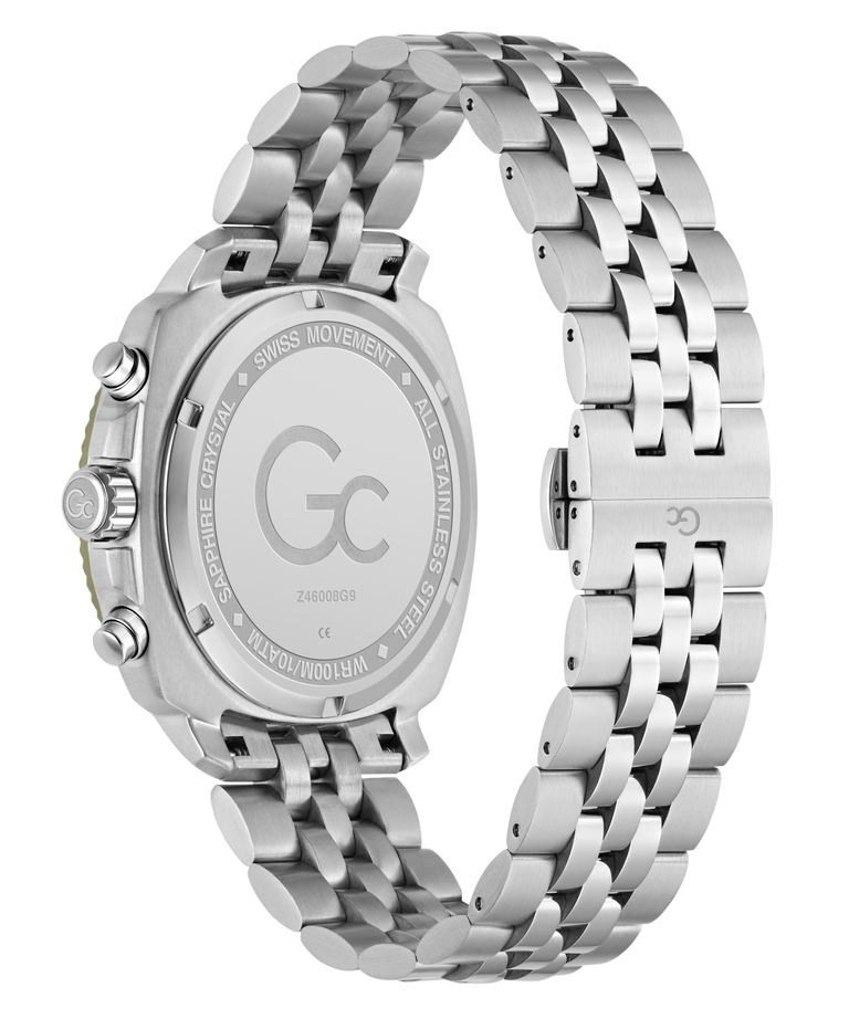 Silver watch with a detailed face and chain-like band on a white background