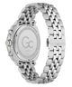 Silver watch with a detailed face and chain-like band on a white background