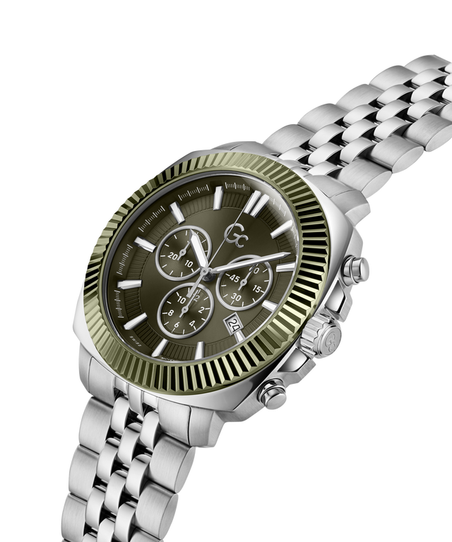 A men's stainless steel chronograph watch with a dark olive green dial and a fluted olive green bezel, paired with a silver-tone metal link bracelet, shown on a white background. lifestyle