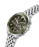 A men's stainless steel chronograph watch with a dark olive green dial and a fluted olive green bezel, paired with a silver-tone metal link bracelet, shown on a white background. lifestyle