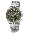 A stainless steel chronograph watch with a silver-tone metal link bracelet, a fluted olive green bezel, and a dark olive green dial with white hands and indices.