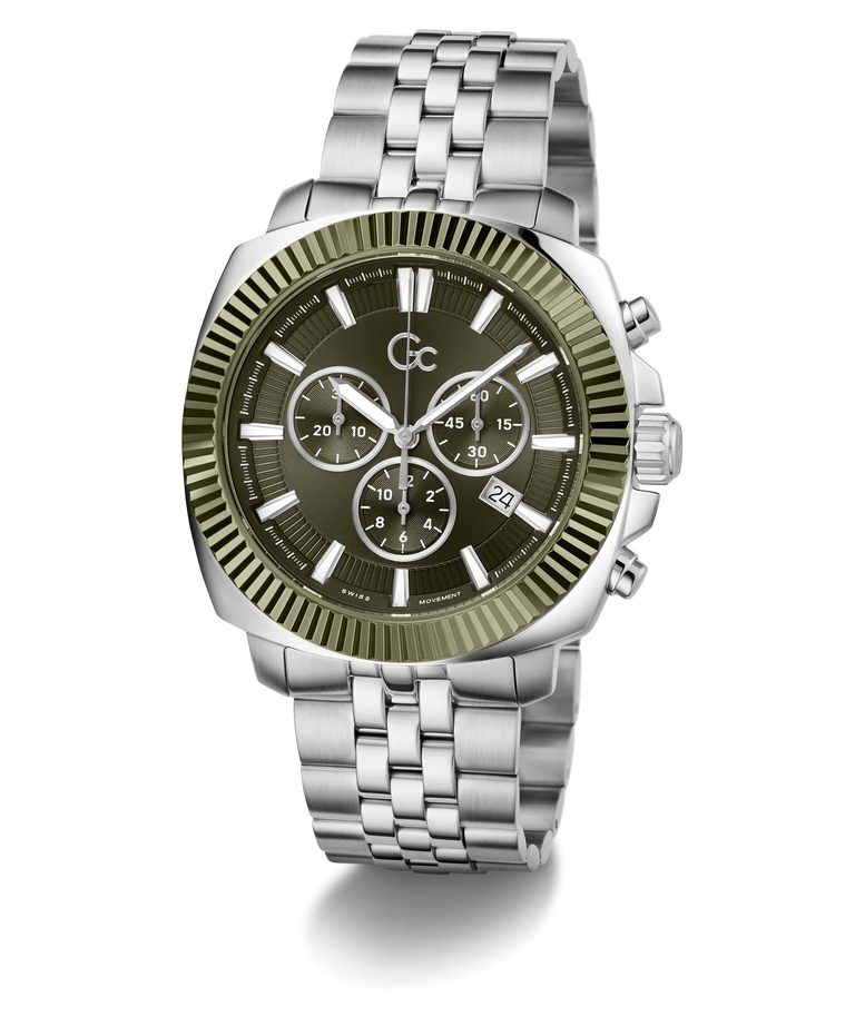 A stainless steel chronograph watch with a silver-tone metal link bracelet, a fluted olive green bezel, and a dark olive green dial with white hands and indices.