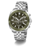 A stainless steel chronograph watch with a silver-tone metal link bracelet, a fluted olive green bezel, and a dark olive green dial with white hands and indices.