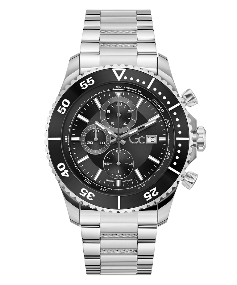 Gc SpeedRacer Chrono Metal Silver watch with black dial on a white background