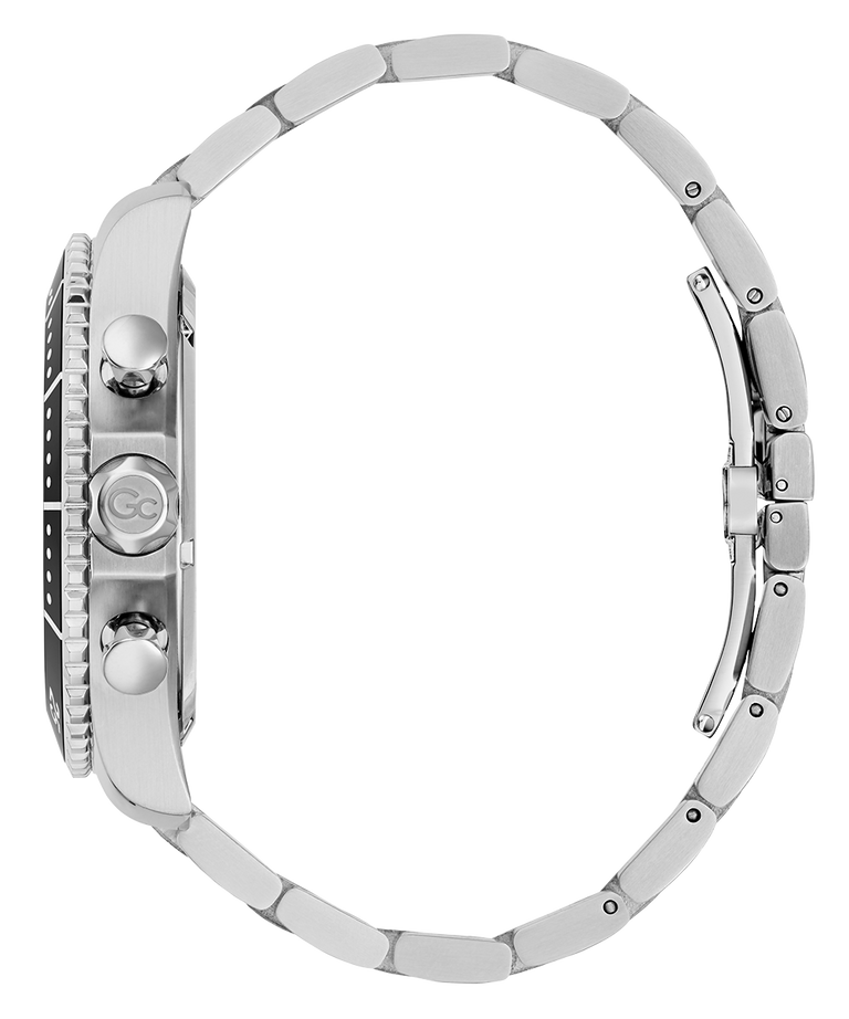 Close-up of a silver Gc SpeedRacer Chrono Metal watch with detailed design on a white background