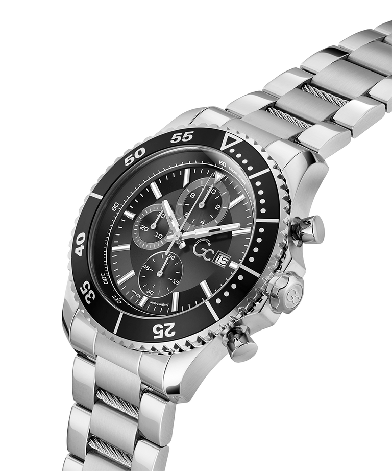Gc SpeedRacer Chrono Metal Silver watch with black dial on a white background lifestyle