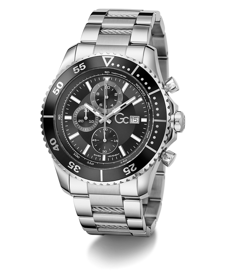 Gc SpeedRacer Chrono Metal Silver watch with black dial on a white background