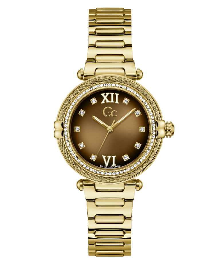 Gold Gc Vogue Cable Mid Size Metal watch with a brown dial featuring Roman numerals on a white background