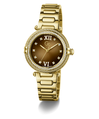 Gold Gc Vogue Cable Mid Size Metal wristwatch with a brown dial on a white background