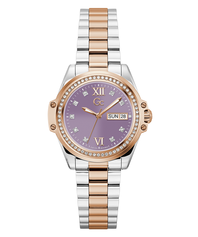 Gc Bolt Lady Mid Size Metal Two-tone watch with a purple dial on a white background