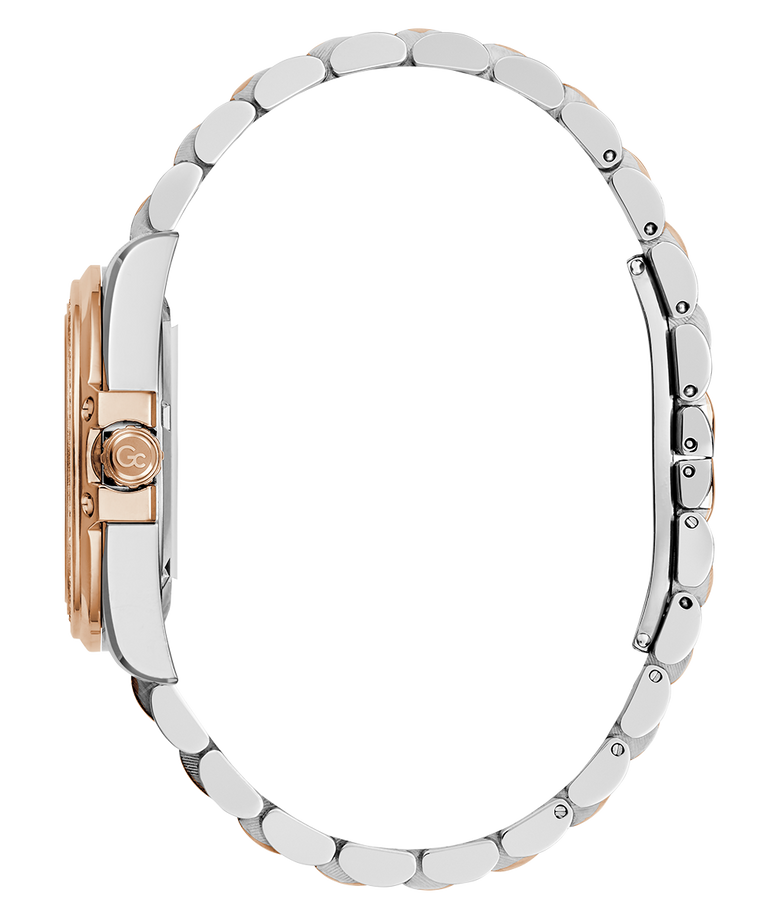 Side of Gc Bolt Lady Mid Size Metal Silver watch with rose gold accents on a white background