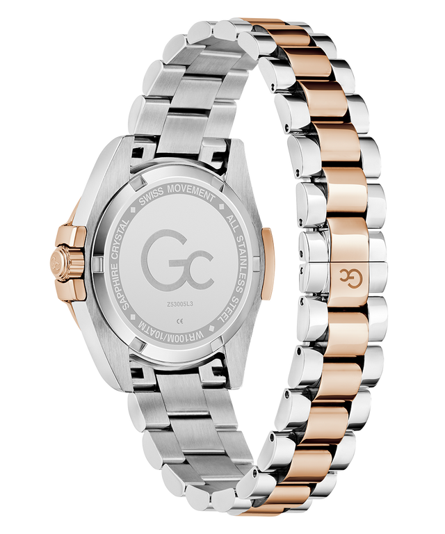 Caseback of Gc Bolt Lady Mid Size Metal Two-tone watch with silver and rose gold band on a white background