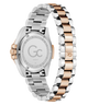 Caseback of Gc Bolt Lady Mid Size Metal Two-tone watch with silver and rose gold band on a white background