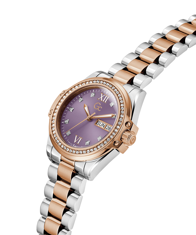 Two-tone watch with a purple face on a white background lifestyle