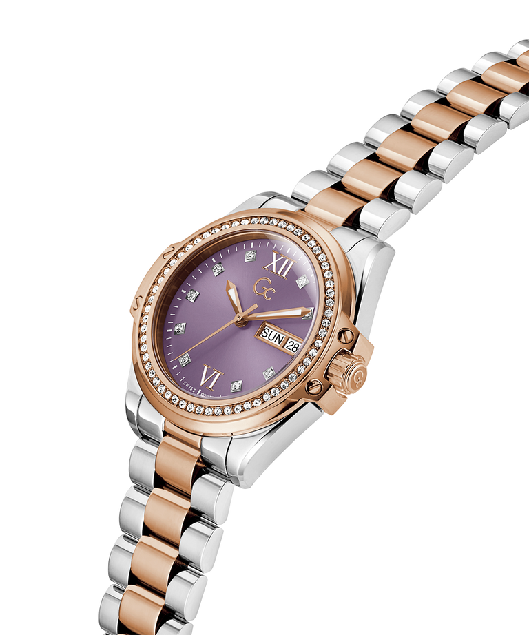 Two-tone watch with a purple face on a white background lifestyle