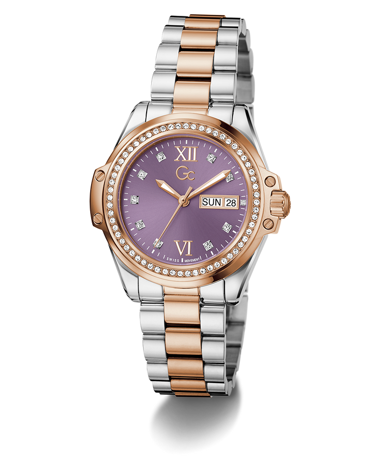 Gc Bolt Lady Mid Size Metal Two-tone watch with a purple face on a white background