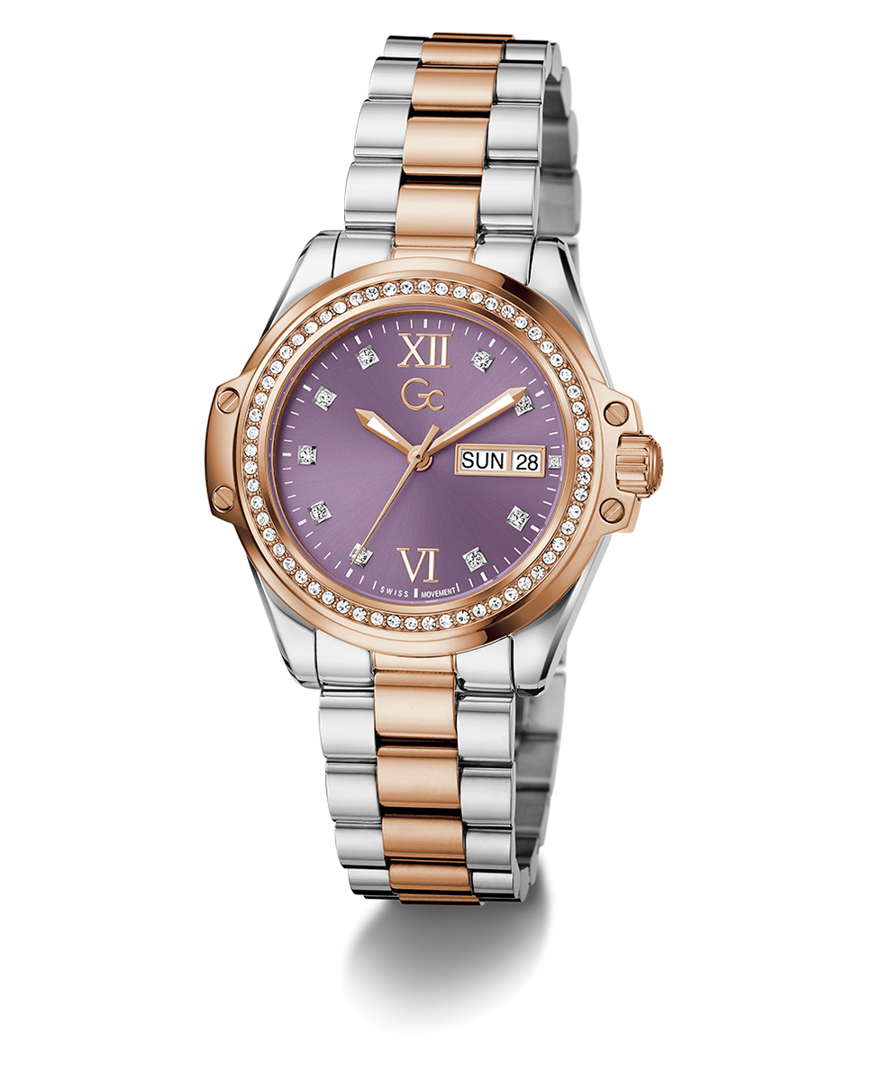 Gc Bolt Lady Mid Size Metal Two-tone watch with a purple face on a white background