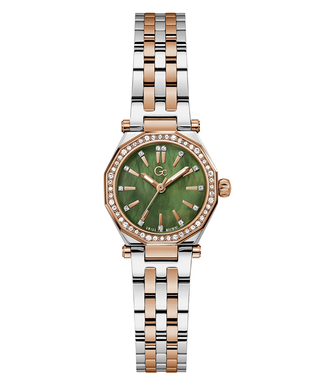 Gc Gleam Mini Small Size Metal Watch with green face and two-tone metal strap on white background