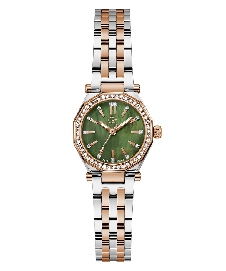 Gc Gleam Mini Small Size Metal Watch with green face and two-tone metal strap on white background
