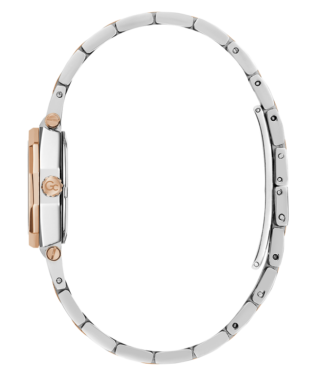 Side  of a silver and rose gold watch band on a white background