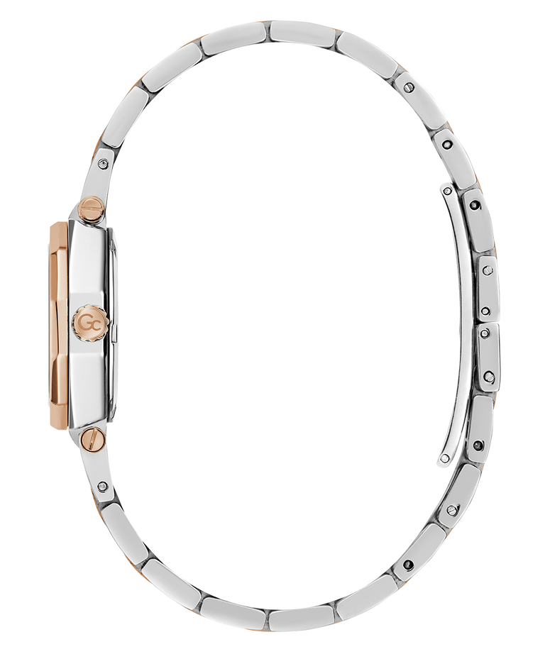 Side  of a silver and rose gold watch band on a white background