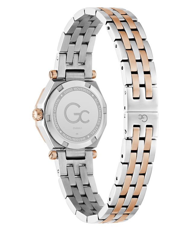Caseback of Gc Gleam Mini Small Size Metal Two-tone watch with silver and rose gold band on a white background