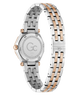 Caseback of Gc Gleam Mini Small Size Metal Two-tone watch with silver and rose gold band on a white background