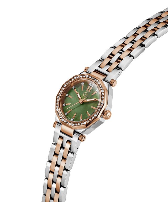 Gc Gleam Mini Small Size Metal Watch with a green face and two-tone rose gold and silver bracelet on a white background lifestyle