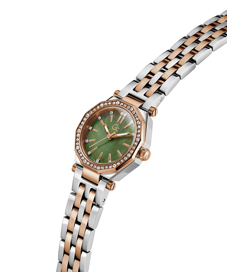 Gc Gleam Mini Small Size Metal Watch with a green face and two-tone rose gold and silver bracelet on a white background lifestyle