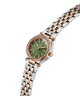 Gc Gleam Mini Small Size Metal Watch with a green face and two-tone rose gold and silver bracelet on a white background lifestyle