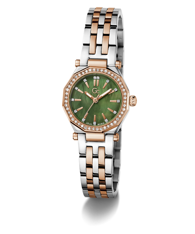 Gc Gleam Mini Small Size Metal Two-tone watch with a green face on a white background