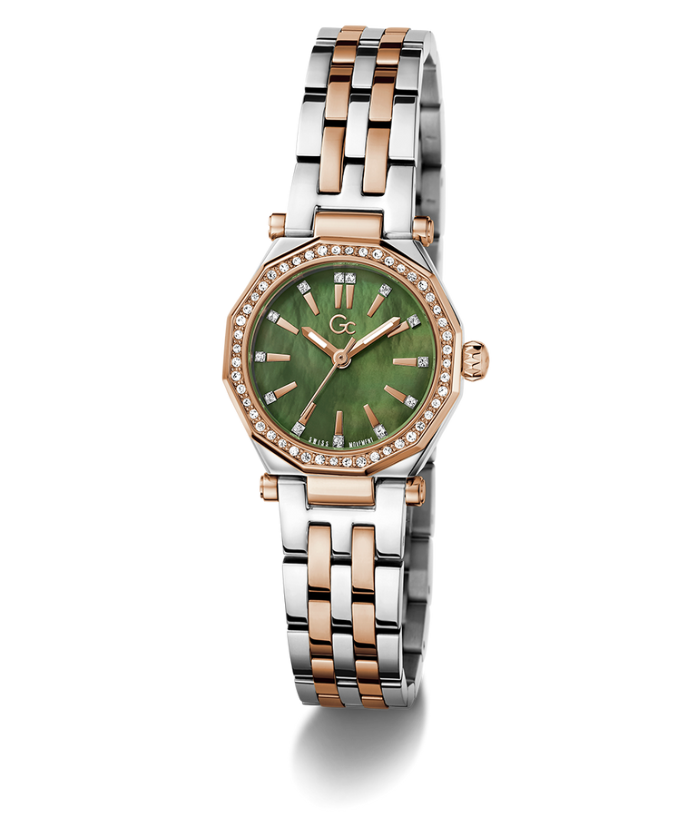 Gc Gleam Mini Small Size Metal Two-tone watch with a green face on a white background