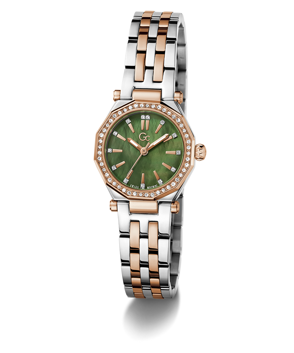 Gc Gleam Mini Small Size Metal Two-tone watch with a green face on a white background