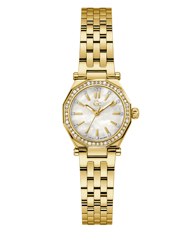 Gc Gleam Mini Small Size Metal Gold watch with a white face on a white background