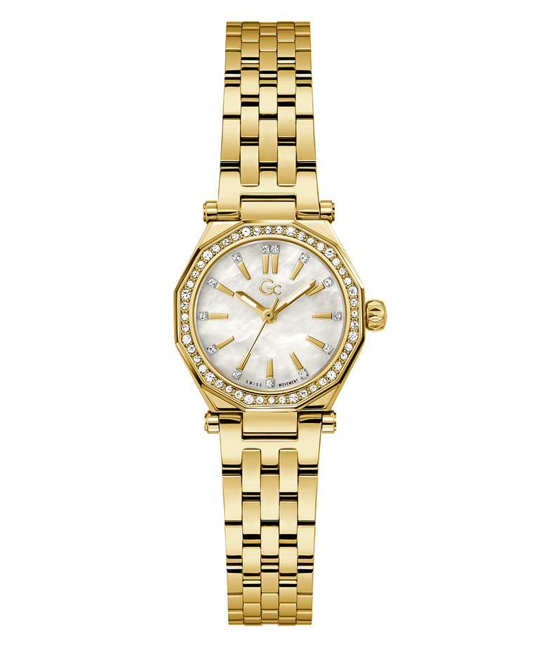 Gc Gleam Mini Small Size Metal Gold watch with a white face on a white background