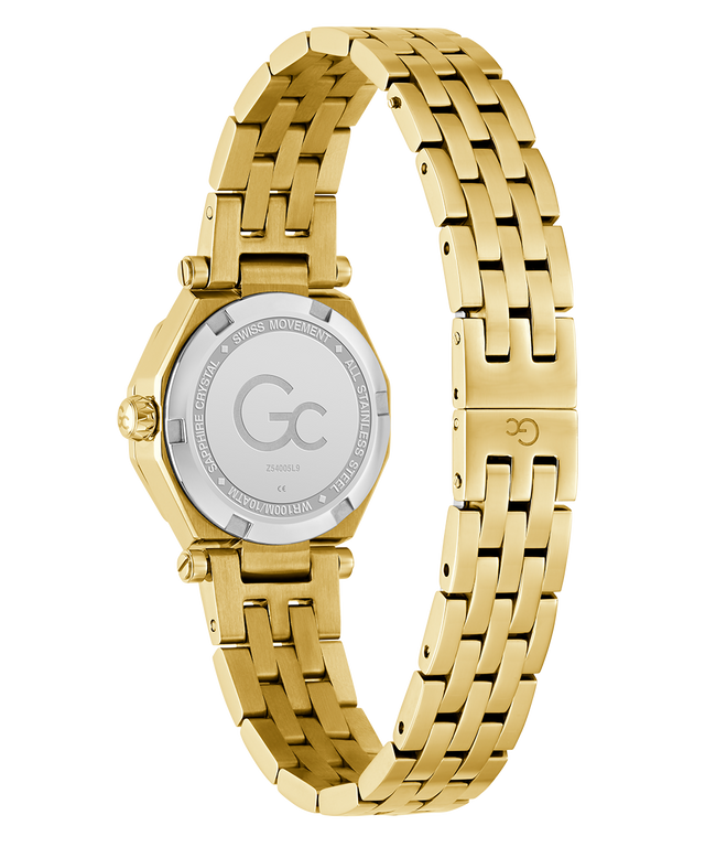Caseback of Gc Gleam Mini Small Size Metal Gold watch with a visible brand logo on a white background