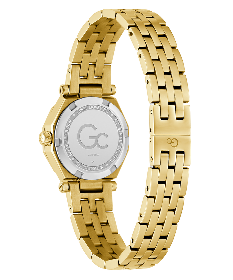 Caseback of Gc Gleam Mini Small Size Metal Gold watch with a visible brand logo on a white background