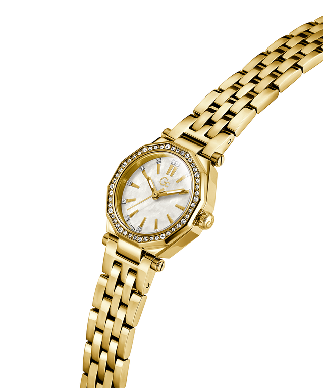 Gc Gleam Mini Small Size Metal Gold watch with a white face on a white background lifestyle