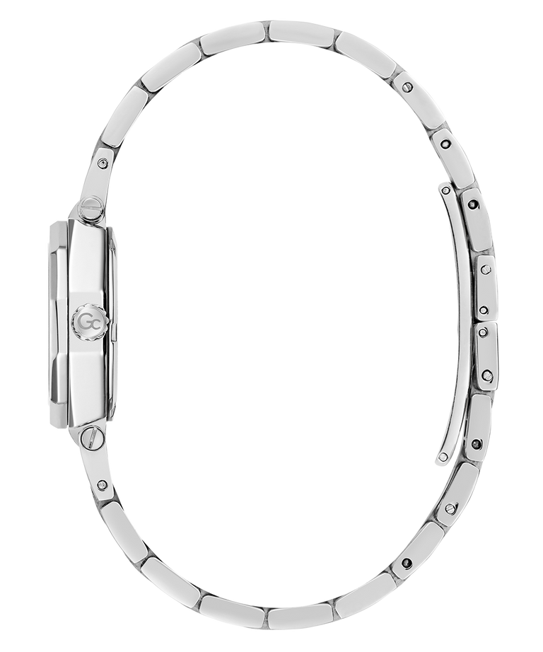 Side of Gc Gleam Mini Small Size Metal Silver watch on a white background