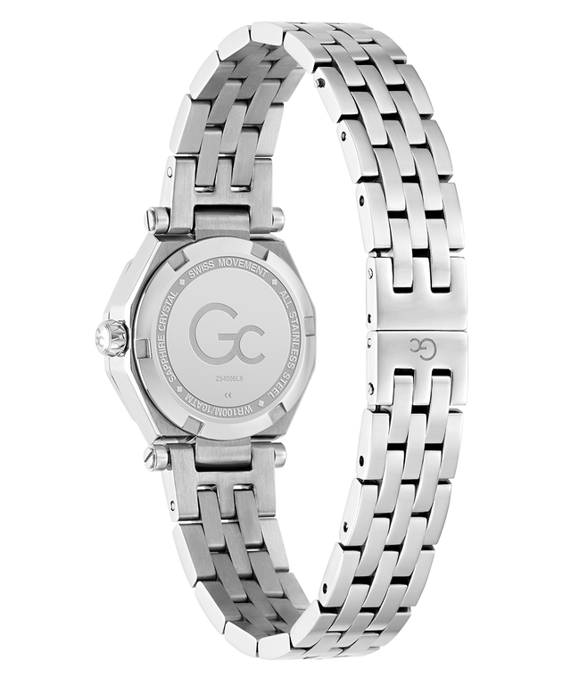 Caseback of Gc Gleam Mini Small Size Metal Silver watch with metal bracelet on a white background