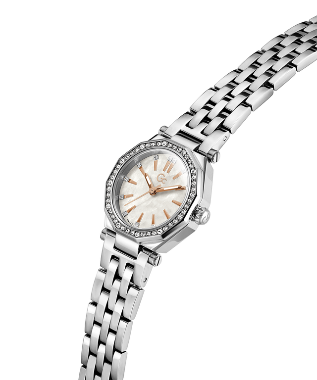 Gc Gleam Mini Small Size Metal Silver watch with a detailed face on a white background lifestyle