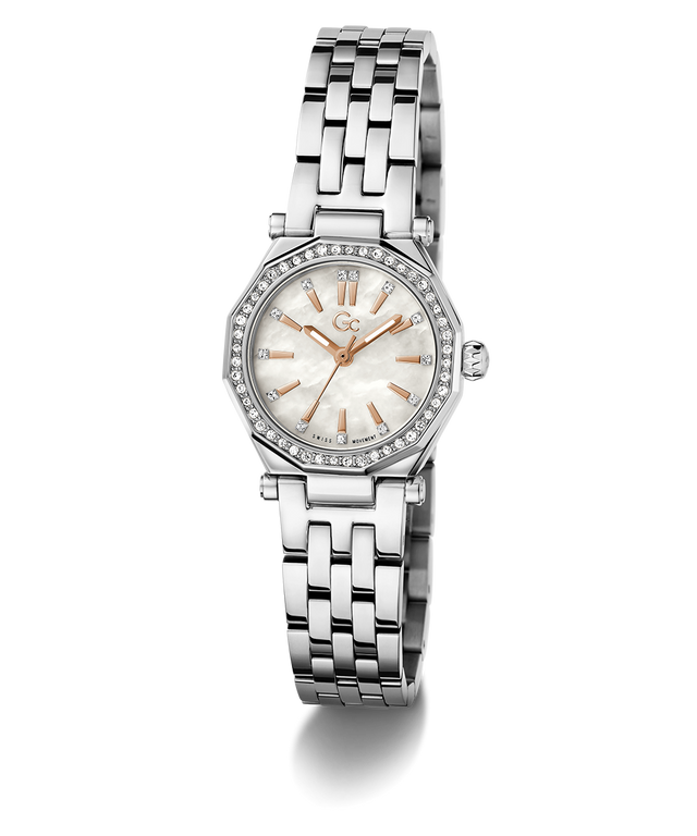 Gc Gleam Mini Small Size Metal Silver watch with a white face on a white background