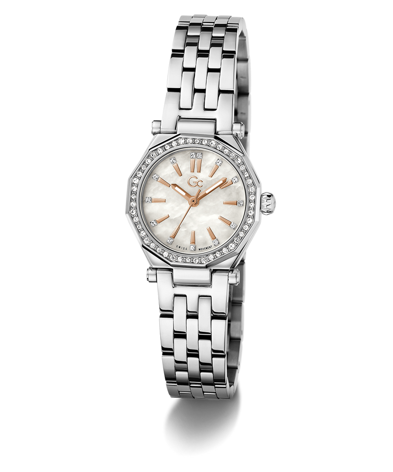 Gc Gleam Mini Small Size Metal Silver watch with a white face on a white background