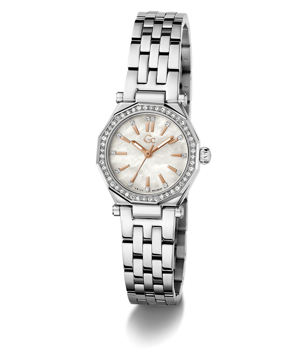 Gc Gleam Mini Small Size Metal Silver watch with a white face on a white background