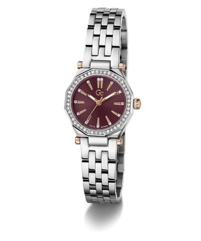 A women's two-tone stainless steel and rose gold watch with a diamond bezel and a deep burgundy dial, shown on a clean white background.