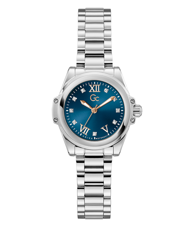 Gc Bolt Lady Mini Small Size Metal Silver watch with a blue dial on a white background