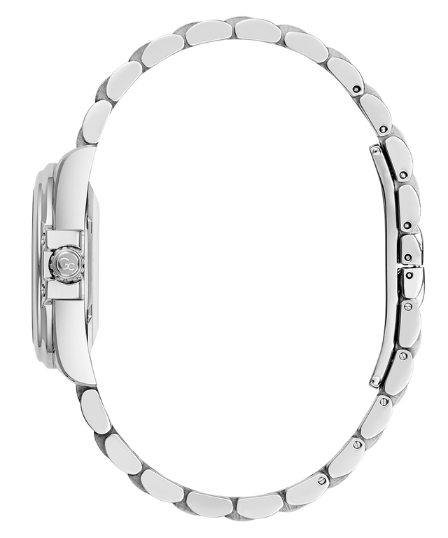 Side of Gc Bolt Lady Mini Small Size Metal Silver watch with a detailed band on a white background